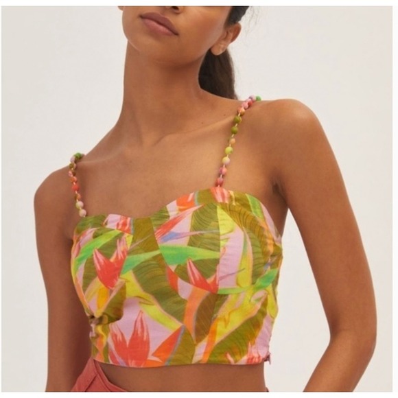 FARM Rio Tops - Farm Rio for Anthropologie Tropical Beaded Strap Bustier Crop Top Pink Green | M